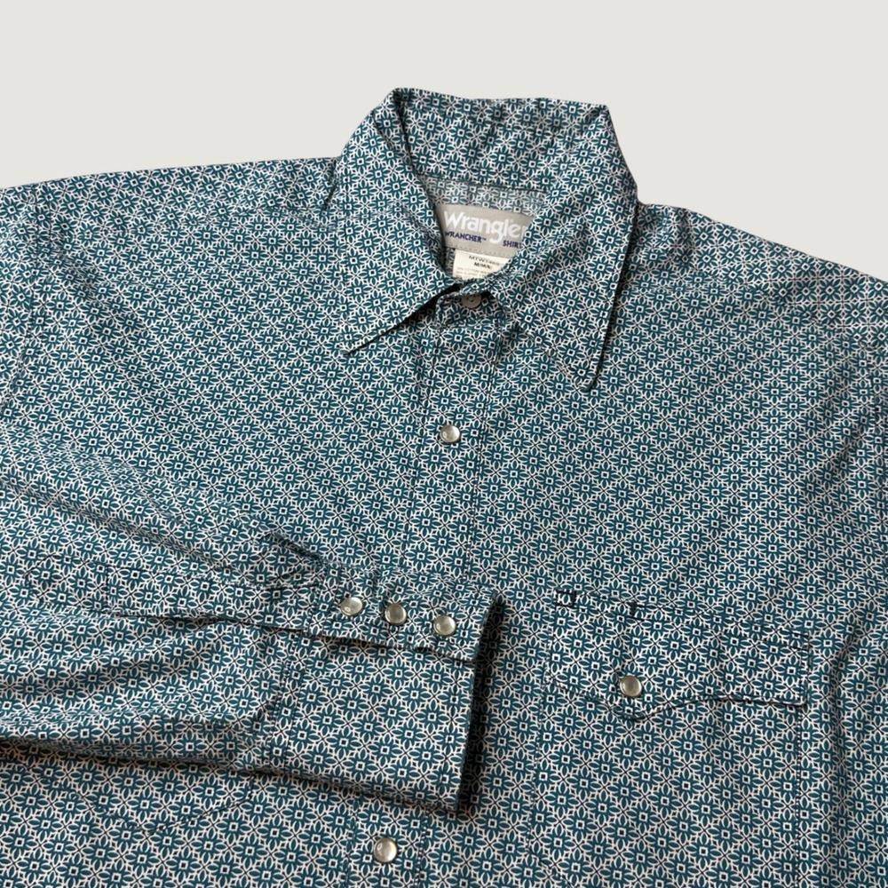 Wrangler Shirt Mens Medium Wrancher Teal Geometric Pearl Snap Western MTW1465